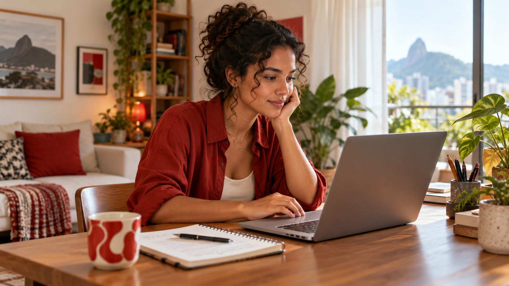 Mulher utilizando notebook e anotações em uma mesa de trabalho