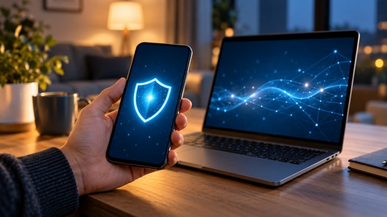 Celular com símbolo de proteção ao lado de um notebook