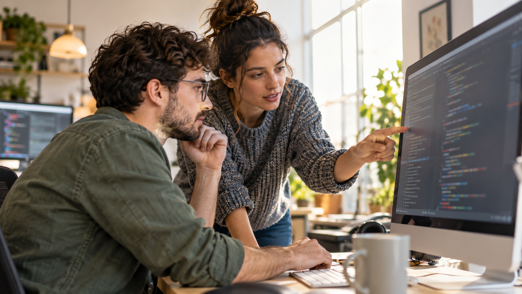Duas pessoas colaborando no desenvolvimento de software